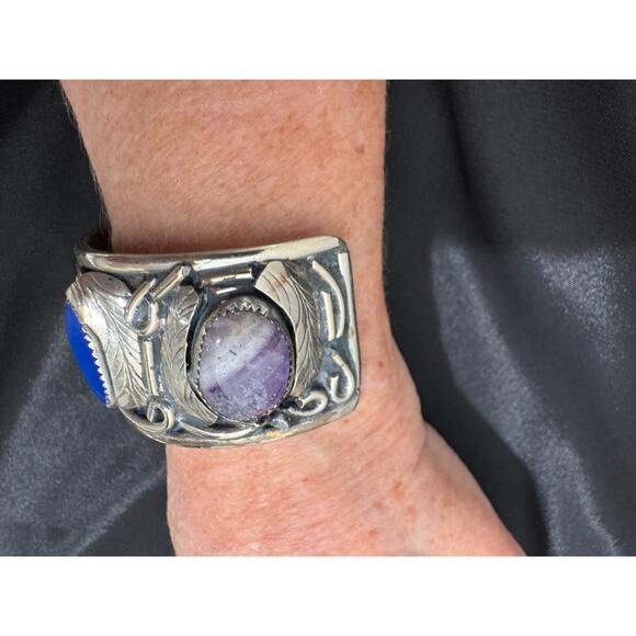 Large Southwestern Cuff Bracelet Nickel Silver Multi Stones Turquoise Chunky Vtg - Picture 5 of 12